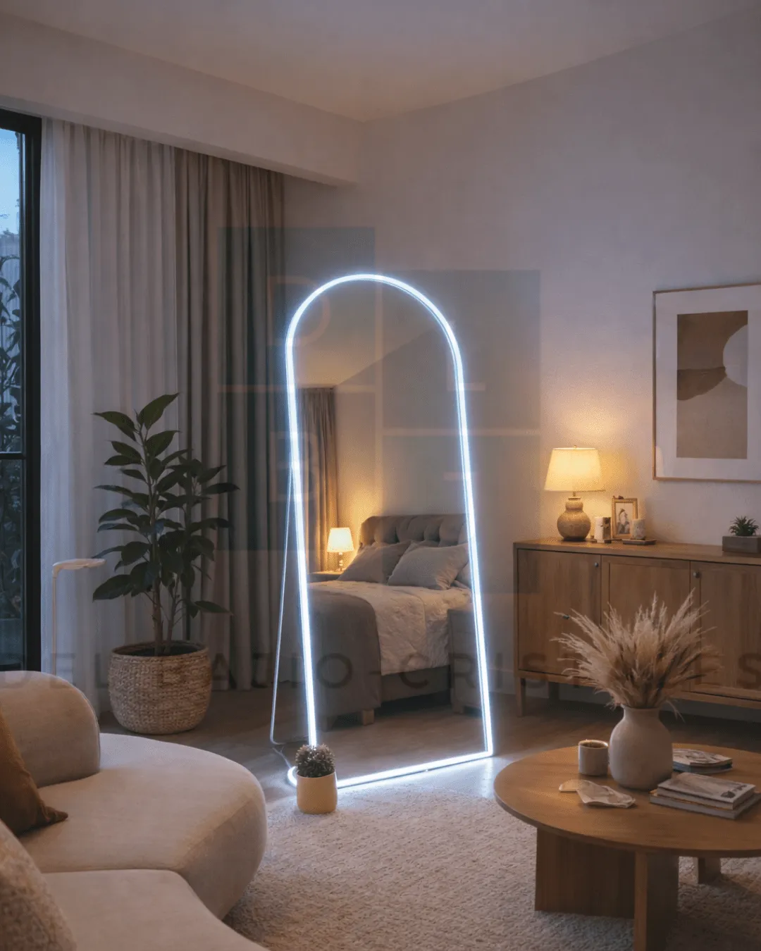 Espejo Arqueado Marco en Herrería Pie De Apoyo 180cm x 70cm Con Luz Led Neón